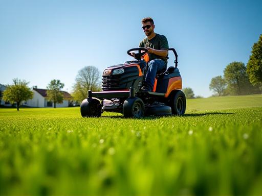 Professional landscaper performing precision mowing with commercial equipment