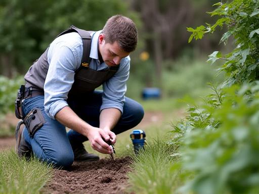 Technician evaluating soil and landscape for maintenance plan